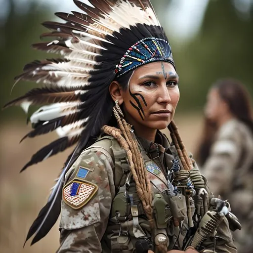 Prompt: native american woman, chief, scifi, military, face paint, feathers, tan and white camo uniform, special forces, modern soldier