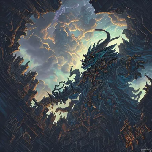 Prompt: Portrait of a Yugi-oh's gandora dragon, flying over a floating castle, dark woods, wide-angle lens, perfect composition, with dramatic sky, polarizing filter, hyperrealistic, super detailed, 8k, high quality, trending art, trending on artstation, sharp focus, studio photo, intricate details, highly detailed, by greg rutkowski, illustration, watercolor