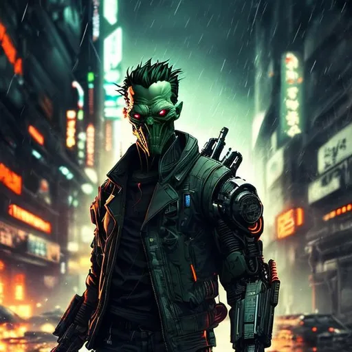 Prompt: Black, khaki and orange futuristic cyberpunk joker. Accurate. realistic. Bionic jaw. evil eyes. Slow exposure. Detailed. Dirty. Dark and gritty. Post-apocalyptic Neo Tokyo. Futuristic. Shadows. Sinister. Armed. Fanatic. Intense. Heavy rain. Explosion. Burning car in background