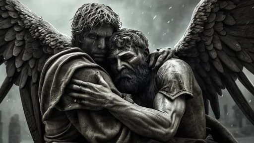 Prompt: Extremely realistic warrior angel with detailed face cradling a homeless man in his wings, hyper detailed, cinematic, 8K