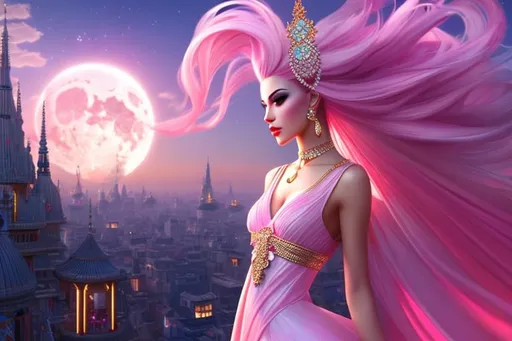 Prompt: stunning pink dancer, head-on, detailed face, high fashionista pose, glossy, walking toward viewer, cinematic, monarchy, dramatic jewelry, statement necklace, surreal cartoon, background is architecture lit by the moon,  trending on artstation