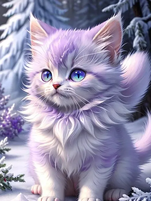 Prompt: (masterpiece, professional oil painting, epic digital art, best quality:1.5), tiny ((kitten)), ice elemental, silky silver-lilac fur covered in frost, timid, ((insanely detailed alert amethyst eyes, sharp focus eyes)), gorgeous 8k eyes, fluffy silver neck ruff covered in frost, two tails, (plump), extremely beautiful, fluffy chest, enchanted, magical, finely detailed fur, hyper detailed fur, (soft silky insanely detailed fur), presenting magical jewel, moonlight beaming through clouds, lying in frosted meadow, grassy field covered in frost, cool colors, professional, symmetric, golden ratio, unreal engine, depth, volumetric lighting, rich oil medium, (brilliant auroras), (ice storm), full body focus, beautifully detailed background, cinematic, 64K, UHD, intricate detail, high quality, high detail, masterpiece, intricate facial detail, high quality, detailed face, intricate quality, intricate eye detail, highly detailed, high resolution scan, intricate detailed, highly detailed face, very detailed, high resolution