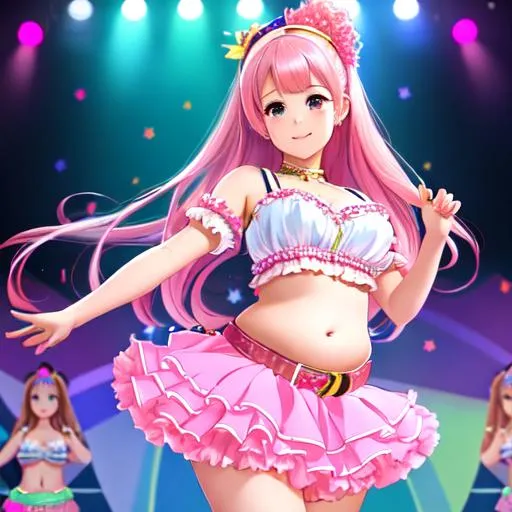 Prompt: Cute idol girl performing on stage, fat belly, fat thighs, bare belly, frilly clothes, frilly skirt, long pink hair, outie navel, high quality midriff, high quality navel, very high quality, very detailed, trending on artstation, anime, belt, Full body character, UHD, 8K, masterpiece, high quality face, 