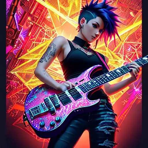 Prompt: short shaved sides spiky hair, happy wearing shredded buttoned shirt and pants, Full body, Beautiful anime rocker guitar girl, hyperdetailed painting, luminism, concept art, 4k resolution, fractal isometrics details bioluminescence , 3d render, octane render, intricately detailed , cinematic, Isometric Centered hyperrealistic cover photo awesome full color, hand drawn , gritty, hit definition , cinematic, on paper, ethereal background, abstract beauty, stand, approaching perfection, pure form, golden ratio, minimalistic, unfinished, concept art, intricate details, 8k post production, high resolution, hyperdetailed, trending on artstation, sharp focus, studio photo, intricate details, highly detailed, 