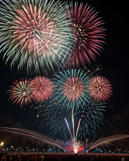 Prompt: Independence Day, the Fourth of July, evokes a surrealistic spectacle. The vibrant burst of fireworks illuminates the night sky, casting a kaleidoscope of colors. In the foreground stands a majestic American flag, billowing proudly in the gentle breeze. The image captures the essence of patriotism, unity, and celebration. Shot with a Nikon D850, equipped with a wide-angle lens, the composition reveals the sprawling fireworks against the backdrop of a darkened cityscape. The photograph is taken during twilight, as the last rays of sunlight recede, creating a captivating contrast between the radiant fireworks and the deepening shadows. The style of the image combines long-exposure techniques with surrealistic elements, portraying a dreamlike ambiance. To enhance the vintage feel, a Fujifilm Velvia film is used, lending a rich saturation and heightened colors.