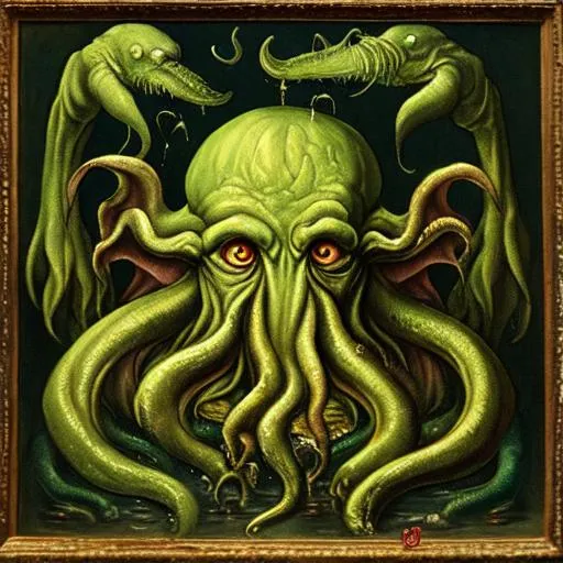 Prompt: great cthulhu as an oil painting in the style of hieronymus bosch
