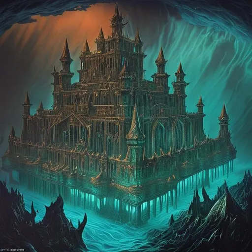 Prompt: The dark palace of God lies at the deepest depths of the ocean. It shimmers beautifully, but this exterior hides the malice within.