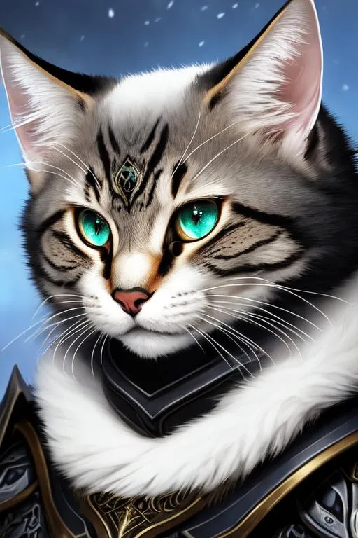 Prompt: elder, (masterpiece), (best quality:1.2), (intricate detail), dynamic angle, looking at viewer, (1male), ((solo)), (((full body))), (slender), (((tabaxi))), (((white fur))), ((blue pupils)), (((light armor))), black armor, ((cloak)), mysterious, ((ominous expression))