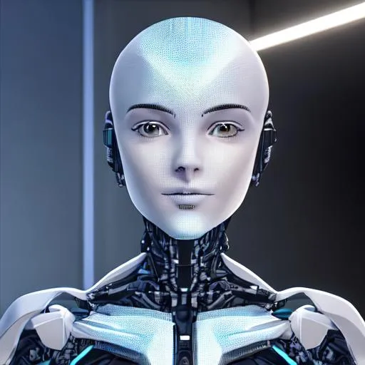 Prompt: Would you please generate a 4K image including 5 androids in a corporate environment, connected by Ethereum blockchain smart contracts