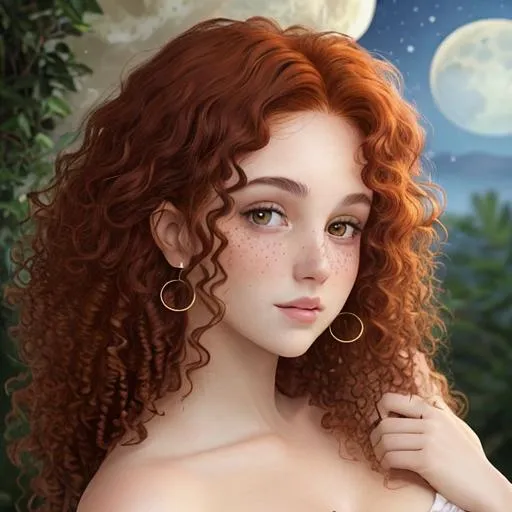 Prompt:  auburn haired female that has curly hair, a big round moon face with a beauty spot on her cheek