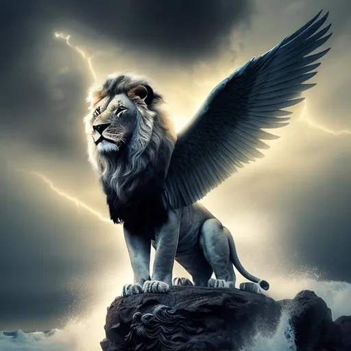 Lion with wings in a storm with full bloom nigh light | OpenArt