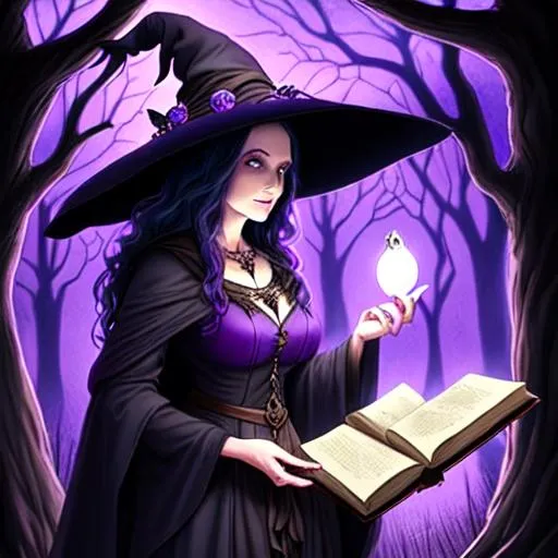 Prompt: beautiful witch standing in the woods at night with an owl on a tree holding a spellbook and casting a purple spell