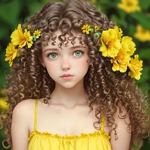 Prompt: a girl with curly hair ,green eyes,wearing yellow, large yellow flower in hair