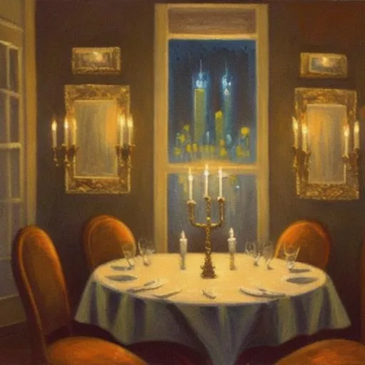 Prompt: A painting of a table set for a candlelit dinner at night