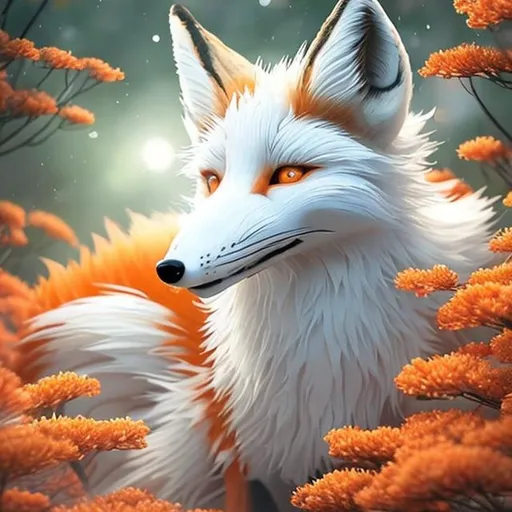 Prompt: Imagine a white nine tailed fox in a forest meadow full of white flowers. Behind the fox stands a bright red torii gate. The fox has a happy expresion on its face, eyes bright and shiny. It js looking straight ahead, eyes big and amber colored. Make it a realistic 4k digital photo
