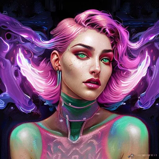 Prompt: Renaissance dystopian Flower Arrangement Deep Colors Artposter Intricate Art-Deco elements of the Mythological, Ultra Detailed portrait of  #Prisi# young woman with pink hair , 8k resolution concept art by Greg Rutkowski, Artgerm, WLOP, Alphonse Mucha dynamic lighting hyperdetailed intricately detailed Splash art trending on Artstation triadic colors Unreal Engine 5 volumetric lighting