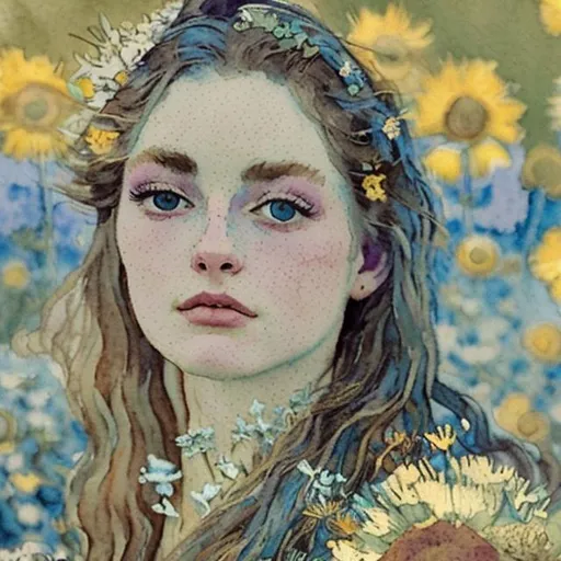 Prompt: Anne Bolelyn as a 60's style hippy, ethereal beauty, soft light, surrounded by wildflowers, watercolor by van gogh, closeup