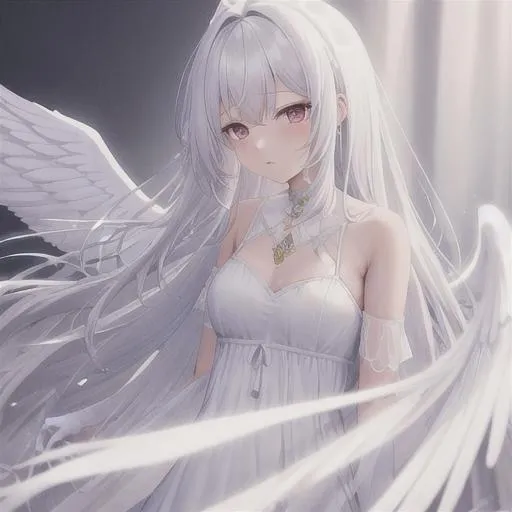 Prompt: Angel, decending, spread wings, long white hair, straight hair, pretty female, beautiful, white dress, flowy dress, best quality, high quality, 8k, high res, focus, full-body, 