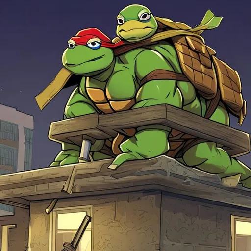 Prompt: Lone teenage mutant Ninja turtle on roof top