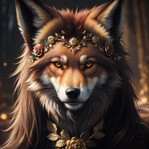 Prompt: masterpiece, epic oil painting, fantasy art, insanely beautiful portrait of a brawny rugged fox-wolf, (quadrupedal canine), UHD, HDR , 8k eyes, detailed face, big anime intense eyes, gold leaf wreath, dense rose-gold fur, close up, intricate details, insanely detailed, masterpiece, cinematic lighting, hyper realistic, hyper realistic fur, 8k, complementary colors, insanely beautiful and detailed mountain peak castle, golden ratio, high octane render, photo realism, volumetric lighting, glaring, growling, wise, depth, high definition face, highly detailed intense shading, unreal 5, concept art, artstation, top model, sunlight on hair, sparkling gold jewels on crest, intricate hyper detailed breathtaking colorful glamorous scenic view landscape, ultra-fine details, hyper-focused, deep colors, intense colors, dramatic lighting, ambient lighting, by sakimi chan, anne stokes, artgerm, wlop, pixiv, tumblr, instagram, deviantart