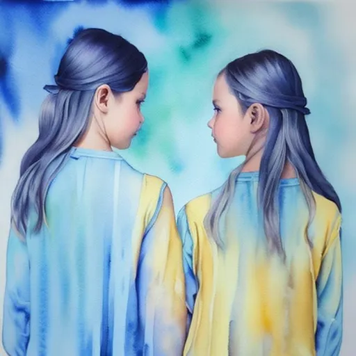Prompt: Watercolor painting of multiple transparent layers  in light blue hues. The painting depicts two sisters mirroring each other. A sister´s left hand touches the other teacher´s right hand. 