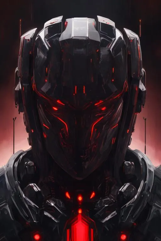 Prompt: A very detailed portrait of a black mecha that has prominent red lighting and gives off an ominous vibe that is very much like the sample picture