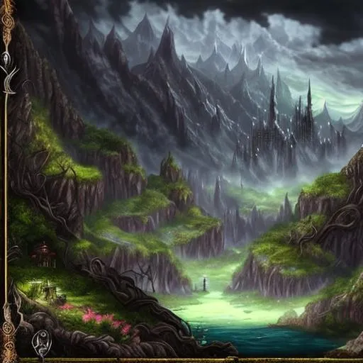 Prompt: Dark fantasy feywild landscape