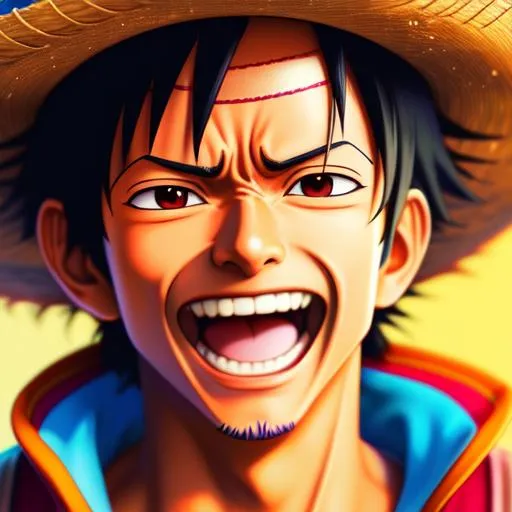 Prompt: hyper detailed, hyper artistic, hyper futuristic, hyper realistic, hyper unique, hyper unseen of too colored laughing Luffy from One Piece, 4k
