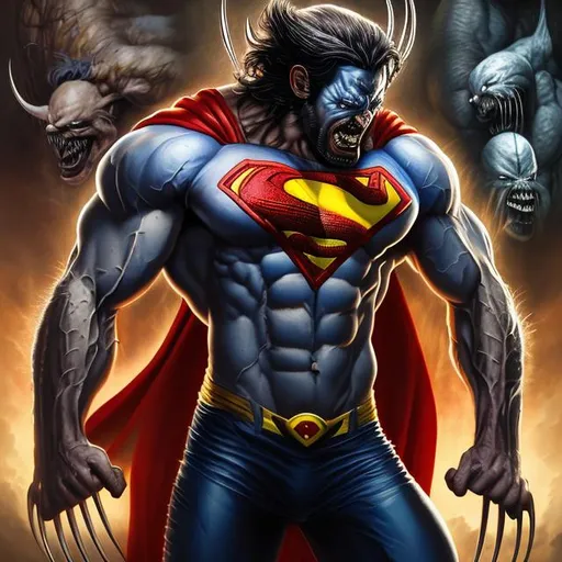 Prompt: Hyper realistic image in the style of Boris Vallejo fantasy of demonic superman mixed with wolverine and venom dark cinematic 8k