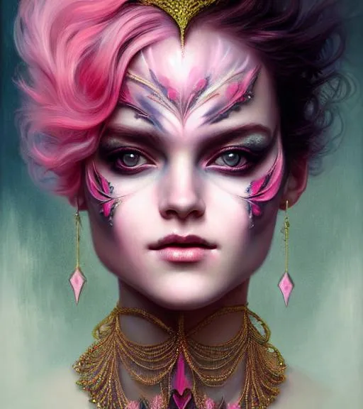 Prompt: portrait of pink fairy, symmetric, facepaint facepaint facepaint, intricate jewelry, trending on artstation 4 k, high quality, in the style of karol bak and tom bagshaw
