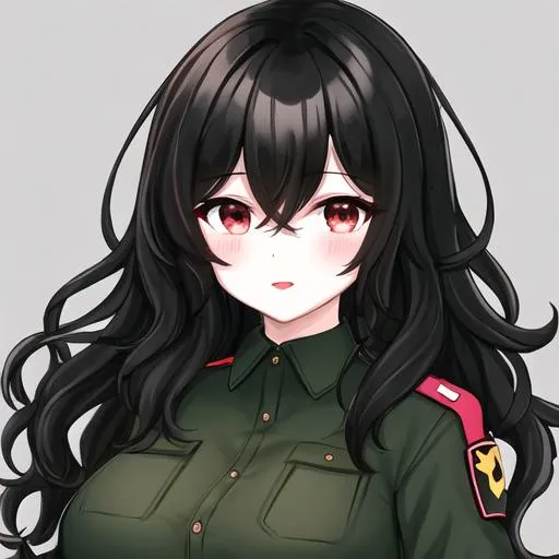 Prompt: female, black wavy thick hair, dark grey eyes, beautiful, pale skin, pink lips, dark clothes, dark green shirt, young adult, military
