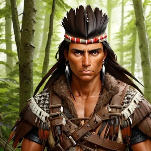 Prompt: portrait of human male Tanned skin, dark hair and eyes resemble Native Americans in appearance.

with mohawk
(Ranger hunting ),wearing basic leather armor with rustic camouflage details including leaves.  , Forest background, D&D setting, perfect composition, hyperrealistic, super detailed, 8k, high quality, trending art, trending on artstation, sharp focus, studio photo, intricate details, highly detailed, by greg rutkowski and alphonse mucha
