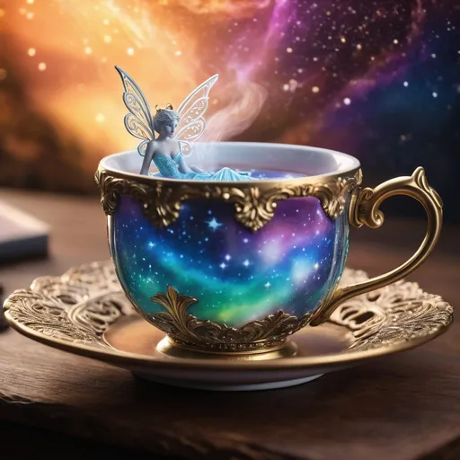 Prompt: hyperrealistic, ultra-detailed fantasy, a (scantily:1) covered pixie elegantly perched in an ornate transparent coffee cup, intricate mug design, filled with celestial heavens, swirling aurora steam, macro close-up showcasing delicate features and intricate details, vibrant aurora colors illuminating the scene, dreamy atmosphere, ethereal vibe, exquisite and enchanting, high definition quality for a striking visual impact.
detailed pixie, realistic skin, detailed face, psychedelic