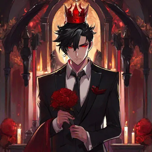 Prompt: Damien  (male, short black hair, red eyes) demon form, wearing a tuxedo, standing at the altar, biting his lip seductively, wearing a crown, holding a knife
