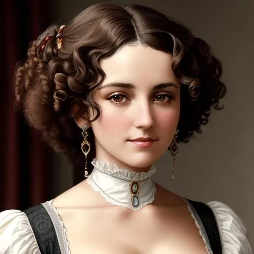 Prompt: An attractive 35 year old woman with very curly hair, elegant, Victorian era, 19th century, facial closeup, in color