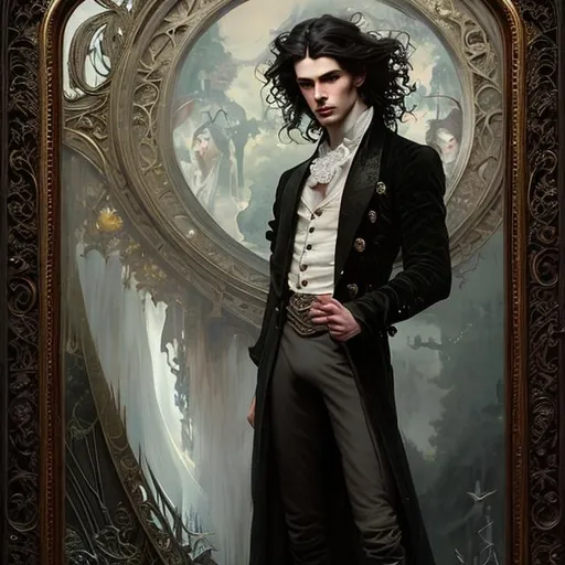 Prompt: Full body splash art of skinny male, poet, coming out of a mirror, androgynous, handsome, very long dark wavy hair, pale skin, victorian clothes, elegant, highly detailed, intricate, smooth, sharp focus, artstation, digital painting, concept art, art by greg rutkowski, alphonse mucha and John William Waterhouse, dark, eerie, gothic, creepy, romantic, insanity