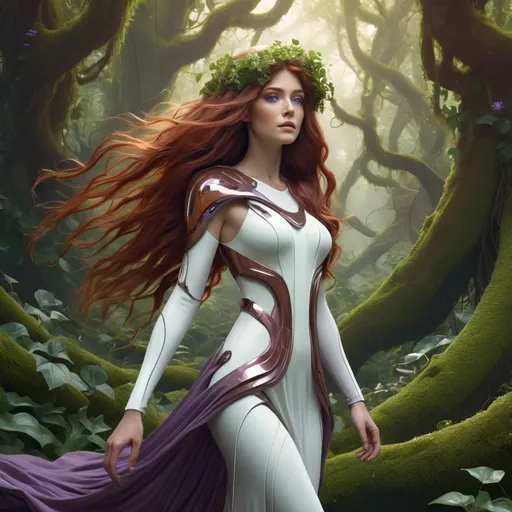 Prompt: Realistic illustration of Athena in futuristic attire, flowing hair with reddish-brown hues, violet eyes, walking in a lush forest with vines and plants, ivy, flowers, trees, and moss, white dress, highres, detailed, realistic, futuristic, fantasy, vibrant colors, flowing hair, violet eyes, lush forest, elegant attire