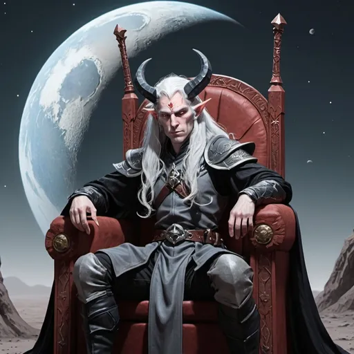 Prompt: A tiefling mage with pale skin and long grey hair wielding a black sword sitting on a throne on the Moon. He Is looking at Planet earth with a sad expression on his face. 