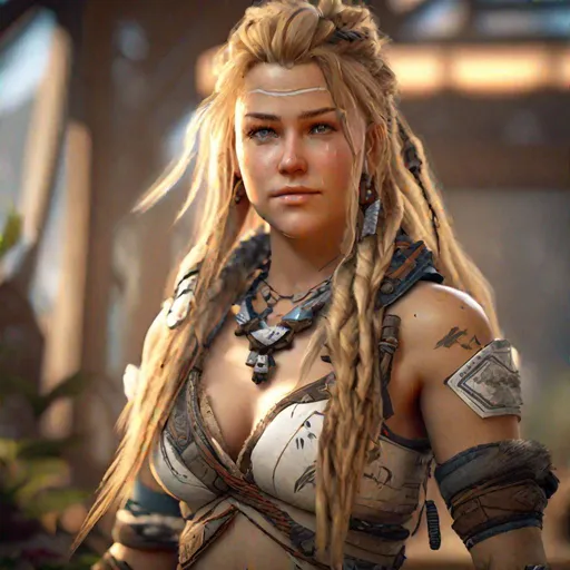 Prompt: hyper realistic, ultra detailed photograph of 18 years old woman, perfect shape, cleavage, in horizon zero dawn game wearing skimpy low cut, blonde long hair, full body, depth of field, HOF, hall of fame, detailed gorgeous face, professional photographer, captured with professional DSLR camera, trending on Artstation, 64k, ultra detailed, ultra accurate detailed, bokeh lighting, surrealism, urban, ultra real life engine.