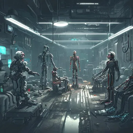 Prompt: underground cyberpunk lab with robots and cyborg patients in a dystopian future