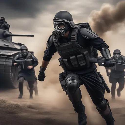 Prompt: A modern roman military male in black military roman armor, and gas mask, running, background sci fi war tanks, Hyperrealistic, sharp focus, Professional, UHD, HDR, 8K, Render, electronic, dramatic, vivid, pressure, stress, nervous vibe, loud, tension, traumatic, dark, cataclysmic, violent, fighting, Epic