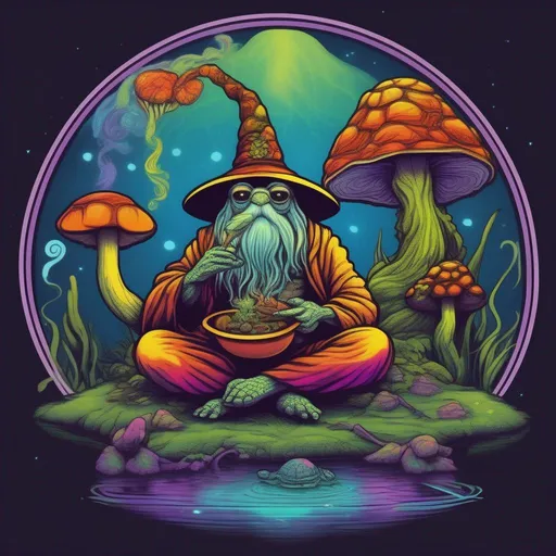 Prompt: A Wise Vibrant Wizard Turtle Meditating While Eating A Trippy Mushroom Above A Pond - Flow Style Logo 