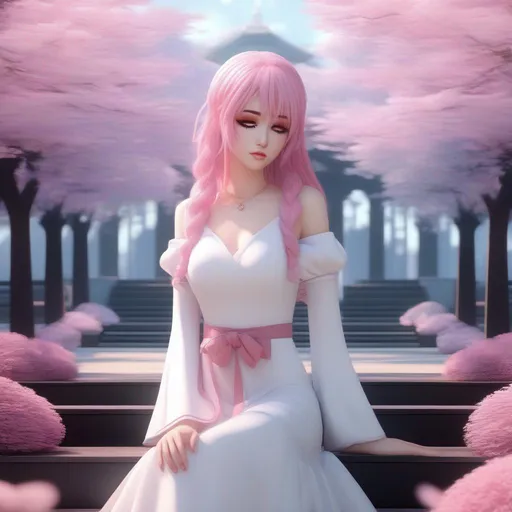 Prompt: 3d anime woman alone and sad pink hair and white dress with black empty eyes and beautiful pretty art 4k full HD