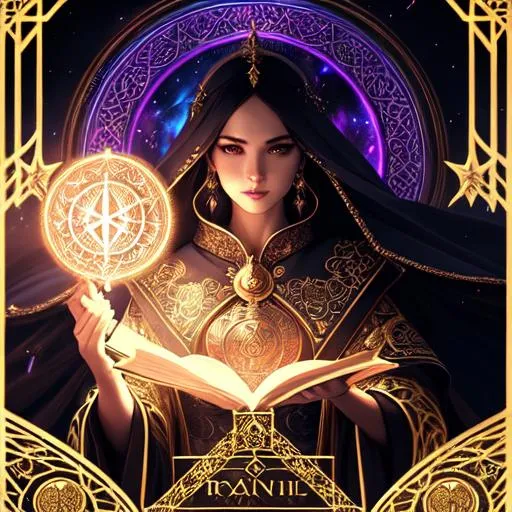 Prompt: Tarot style + woman in  ornate wizard robe + Full HD render + immense detail + dramatic lighting + well lit + black, character sheet, + fine esoteric symbolism | ultra - detailed realism, soft cinematic lighting, high - quality, engraved | highly detailed |digital painting, artstation, concept art, smooth, sharp focus, Nostalgic, ethereal, nebula, 8k, hyper detailed, intricate detail, photorealistic, space void galaxy universe