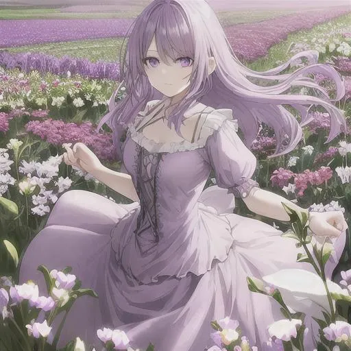 Prompt: light purple haired girl with beautiful eyes
purple and white dress
in a flower field