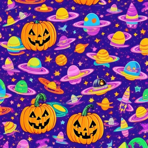 Prompt: Trick or treat in outer space in the style of Lisa frank