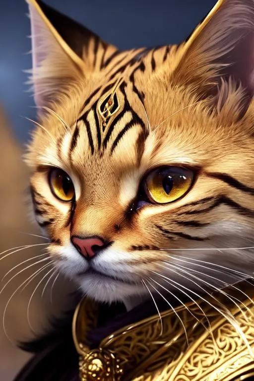 Prompt: (masterpiece), (best quality:1.2), (intricate detail), dynamic angle, staring off into the distance, (1female), ((solo)), (((full body))), (slender), (((tabaxi))), (((golden fur))), ((purple pupils)), (((black armor))), ((cloak)), mysterious, ((ominous expression))