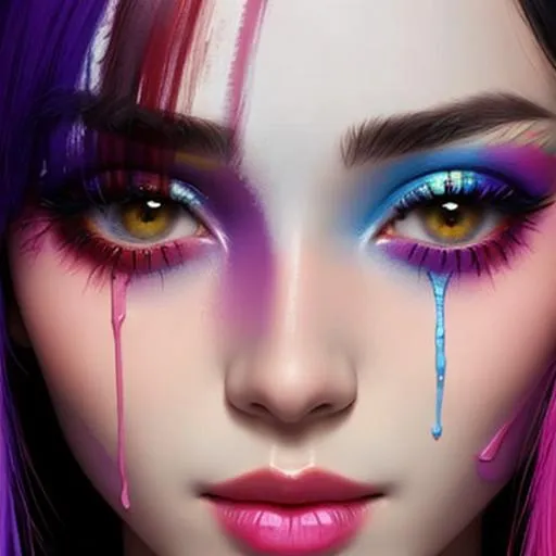 Prompt: female face dripping  paint in rainbow colors, facial closeup