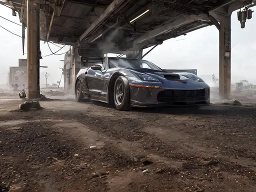 Prompt: C6 corvette, mad max style, post apocalyptic sports car, ultra realistic, hyper detailed, mayhem, supercharger sticking out of hood, burning drums of oil
