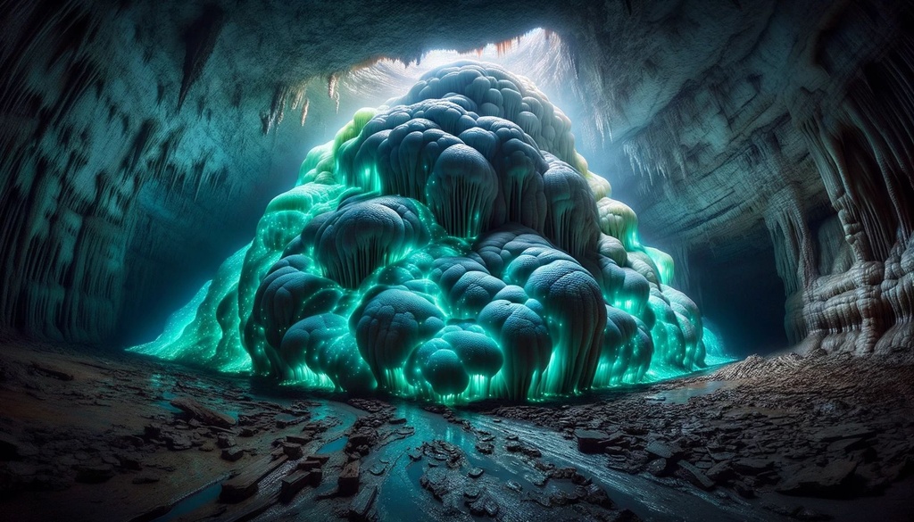 Prompt: Photo of a vast underground cavern with a massive slime mold entity emerging, glowing in bioluminescent colors.